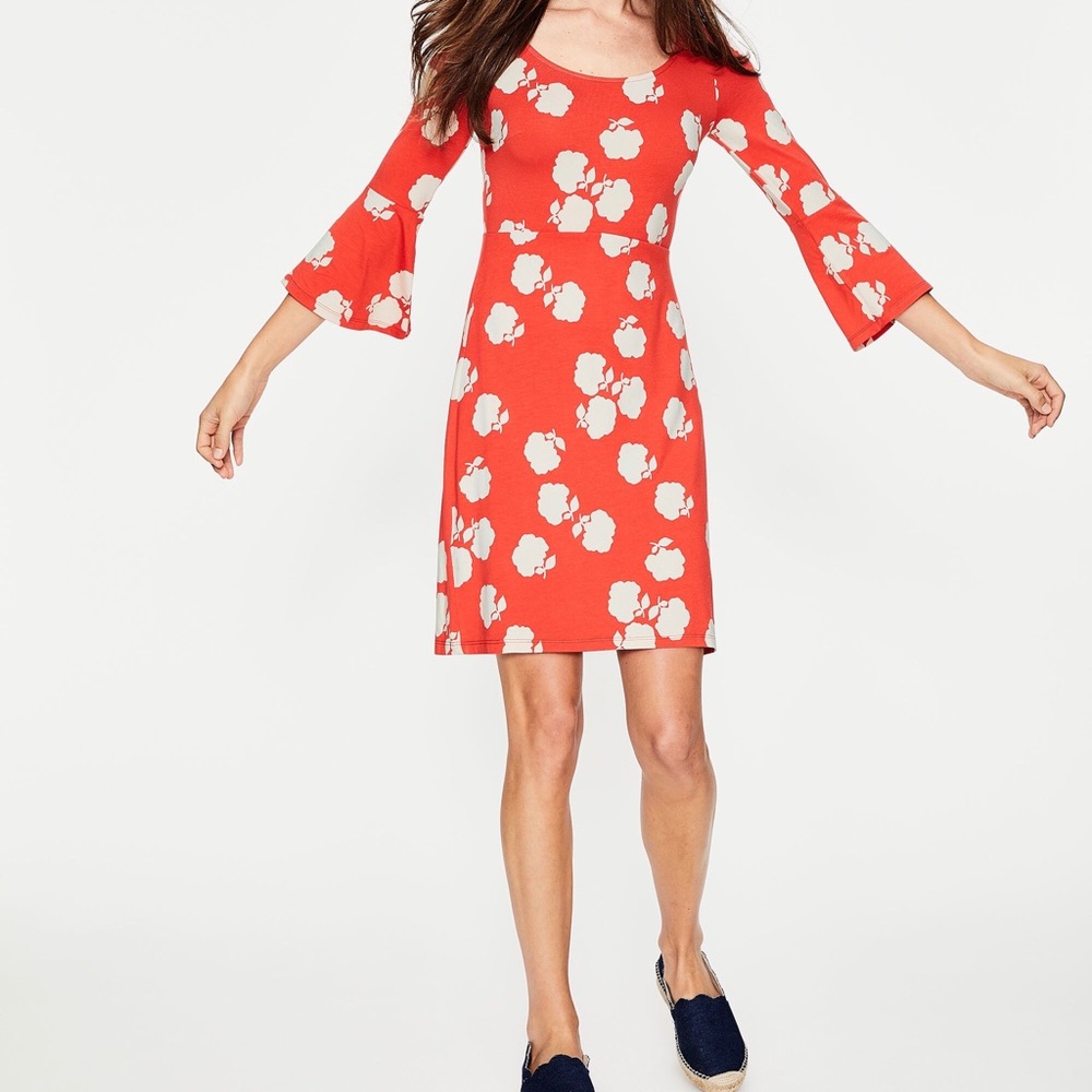 Boden Womens Miriam Orange Floral Jersey Mini Dress Bell Sleeves size 4L Long